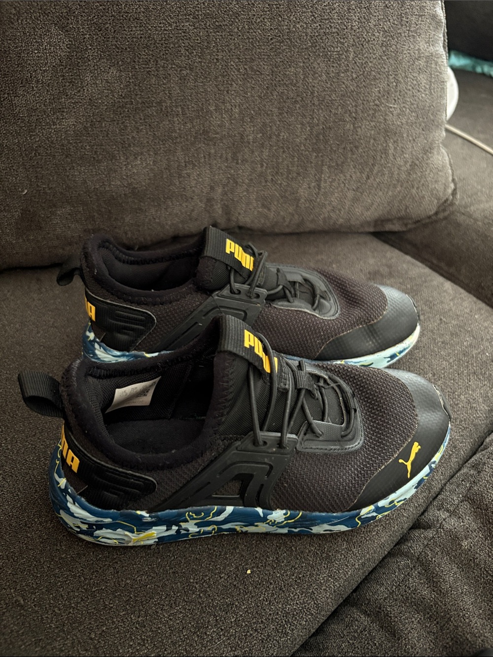 Puma Kids Black Sneakers with Blue Camo Midsole and Yellow Accents